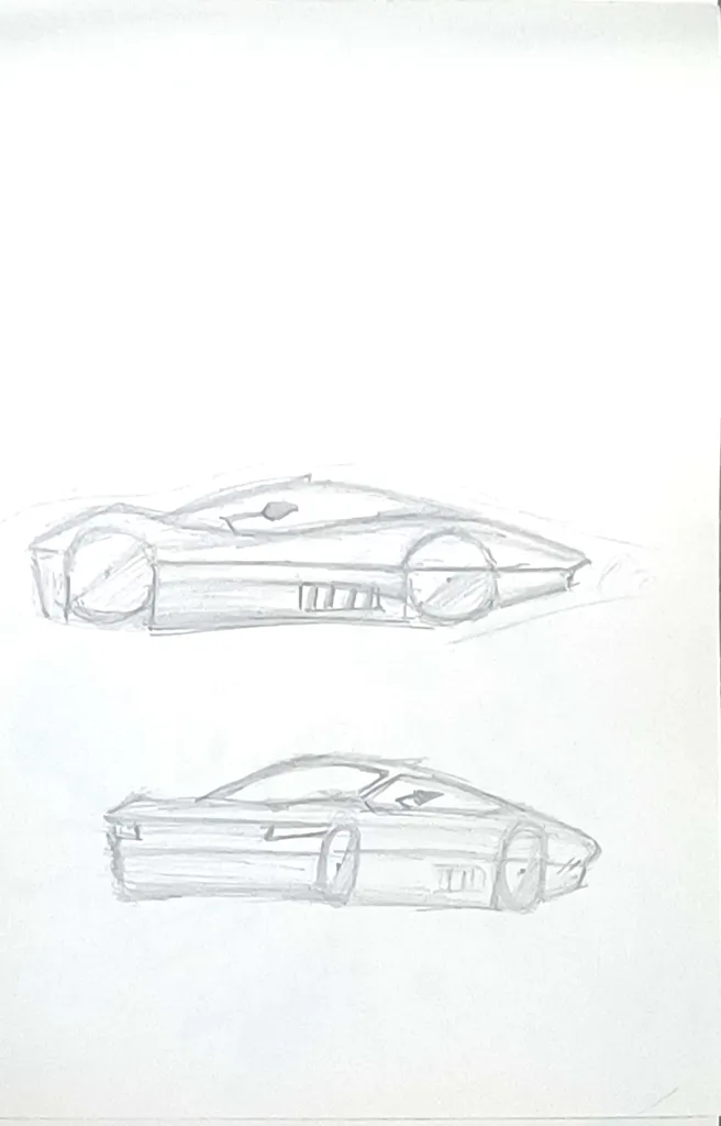 Before: Two pencil side views of a GT coupe