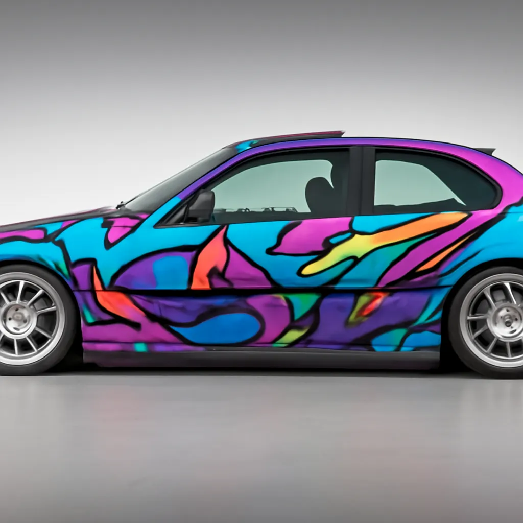 After: Silver hatchback → bold art-panel wrap
