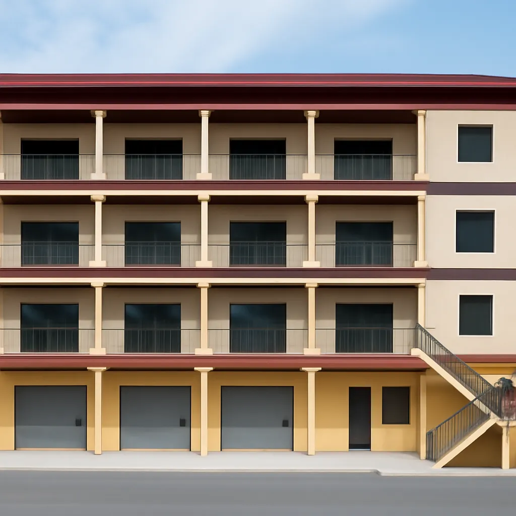 Después: Edificio de cuatro pisos en construcción → fachada terminada con balcones y locales en planta baja