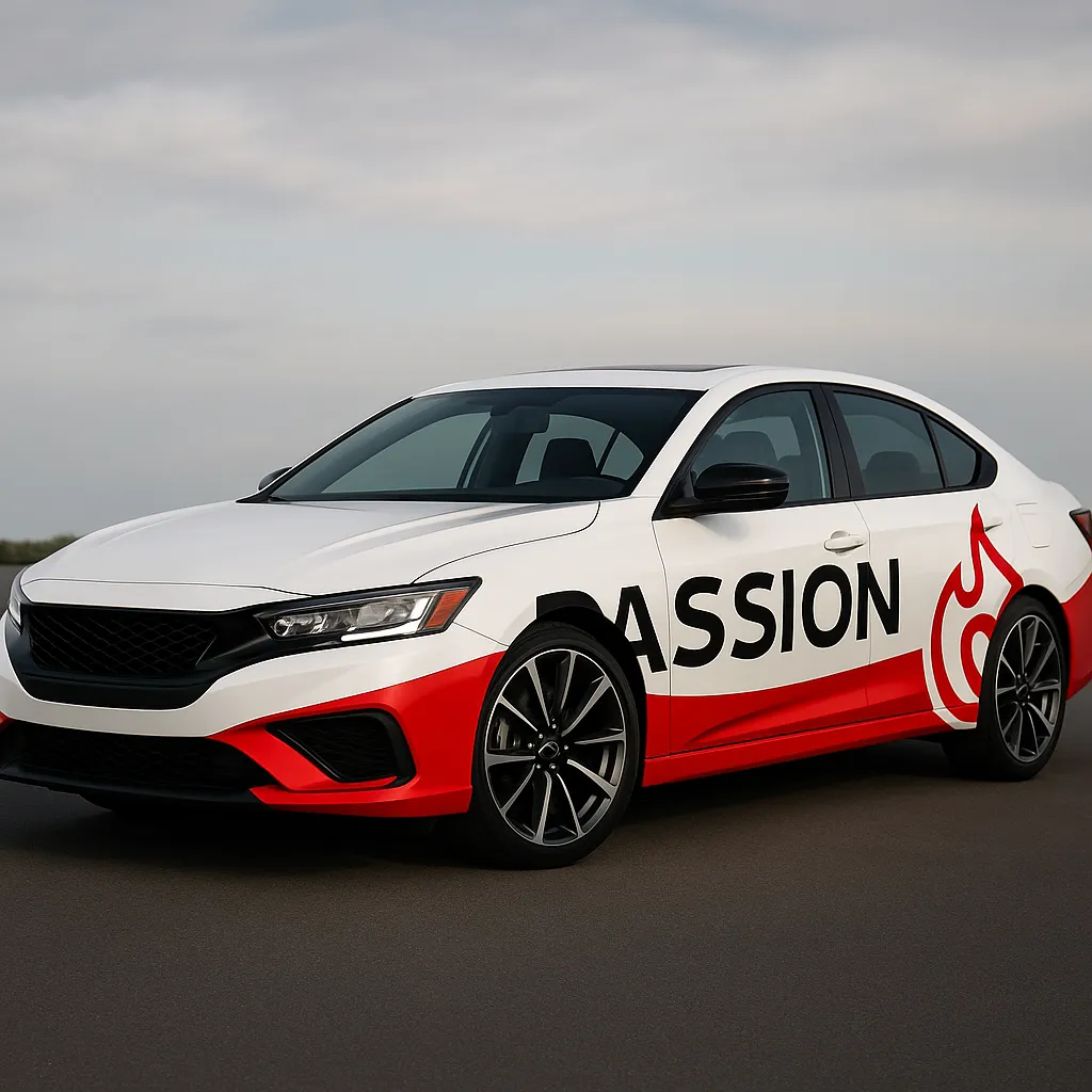 After: Small flame logo → bold brand graphics on a sedan