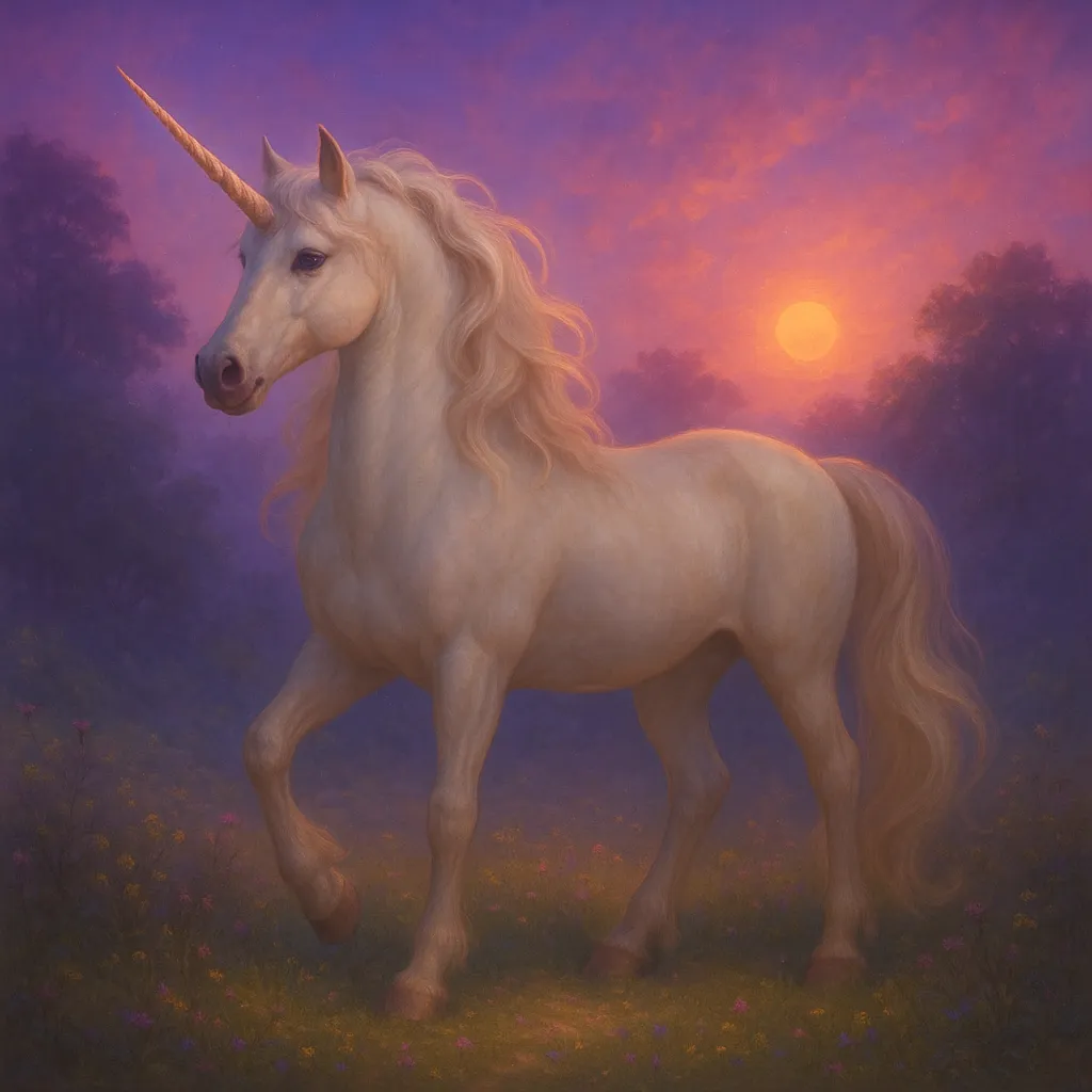 "Fantasy portrait of unicorn in enchanted meadow at dawn