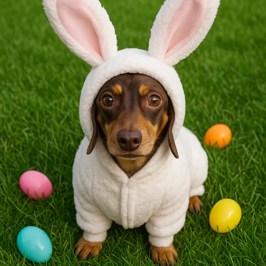 dress this dog in the photo in a bunny suit. Make the dog and the bunny suit and atomically correct. Place the dog on a well manicured lawn with visibly hidden Easter eggs