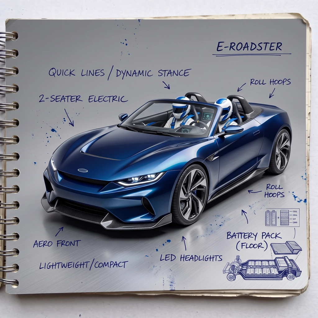 After: Ballpoint roadster sketch in a notebook → painted, lit concept car on the same page