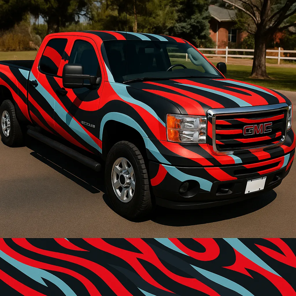 After: White pickup → red, black and teal tiger-stripe wrap