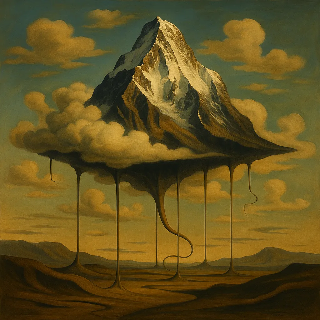 AI generated image: Dreamscape surreal mountain floating in clouds, Salvador Dali inspired landscape, imagination concept art. High-quality digital artwork created with AI image generation.