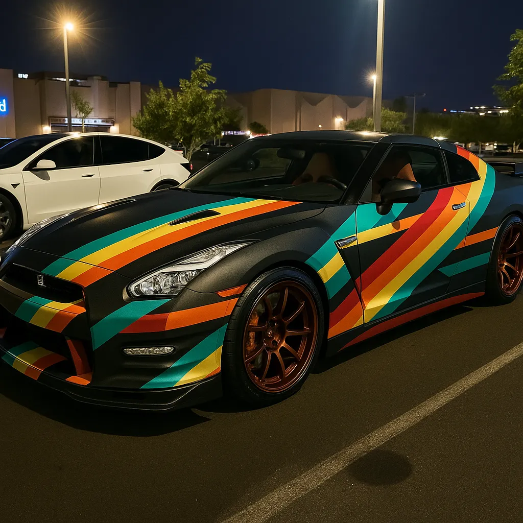 After: Grey sports car at night → multicolour stripe wrap, same car, same car park
