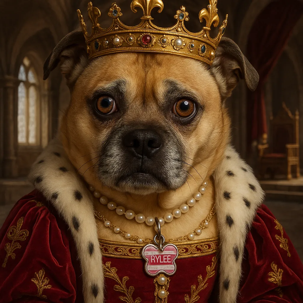 dress this dog as a queen in a royal castle