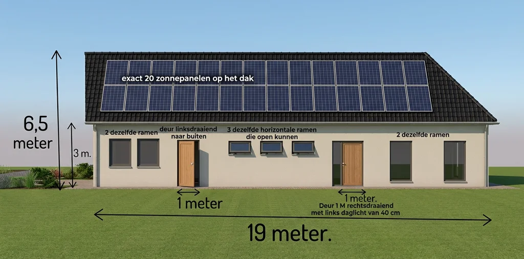 Después: Alzado a mano de una casa de 19 × 6.5 m con anotaciones → casa de una planta con paneles solares, con las mismas medidas