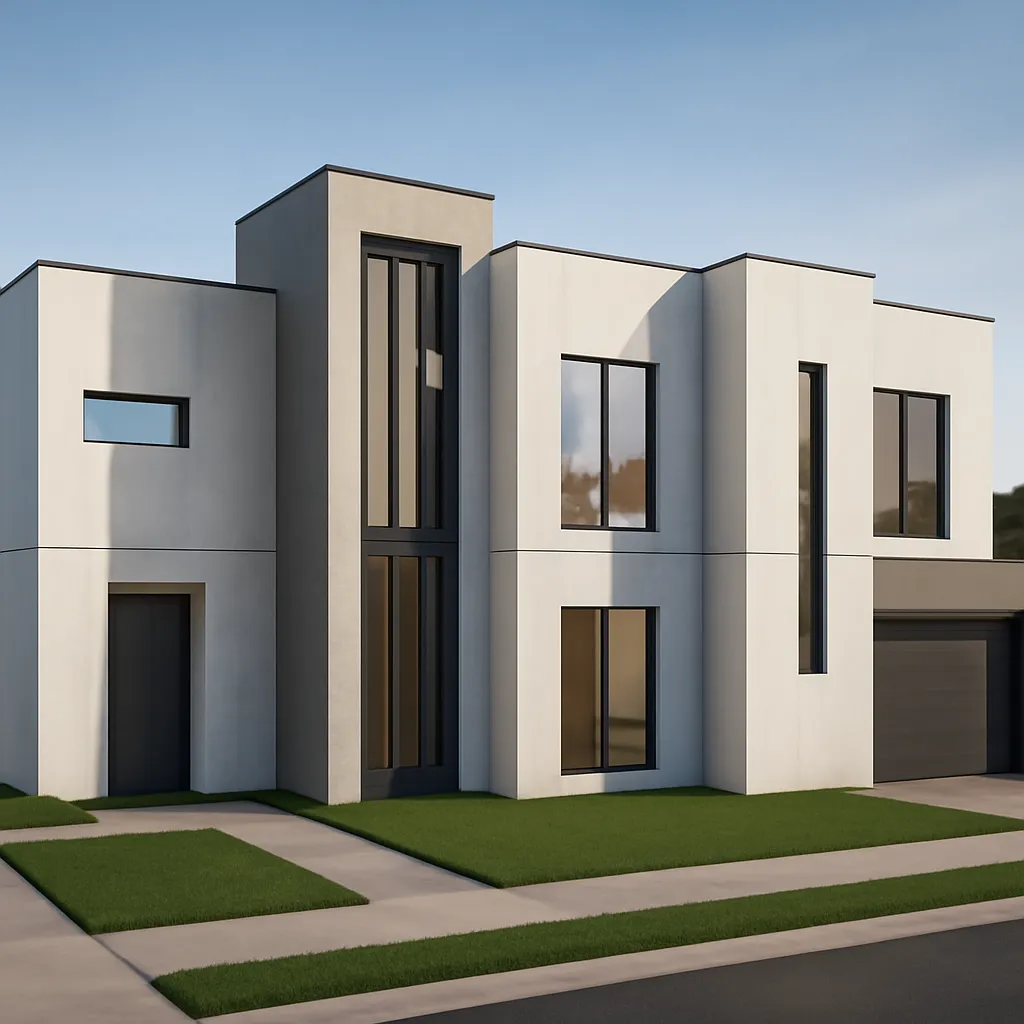 Después: Modelo de volúmenes blanco sobre un terreno → casa de dos pisos con aplanado claro y ventanales
