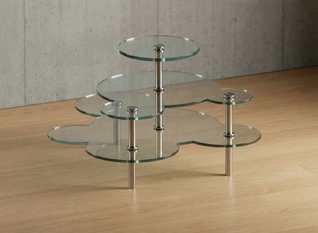 Depois: Modelo 3D de uma mesa de vidro em níveis (enviado por um usuário pagante) → mesa de vidro e aço sobre piso de carvalho