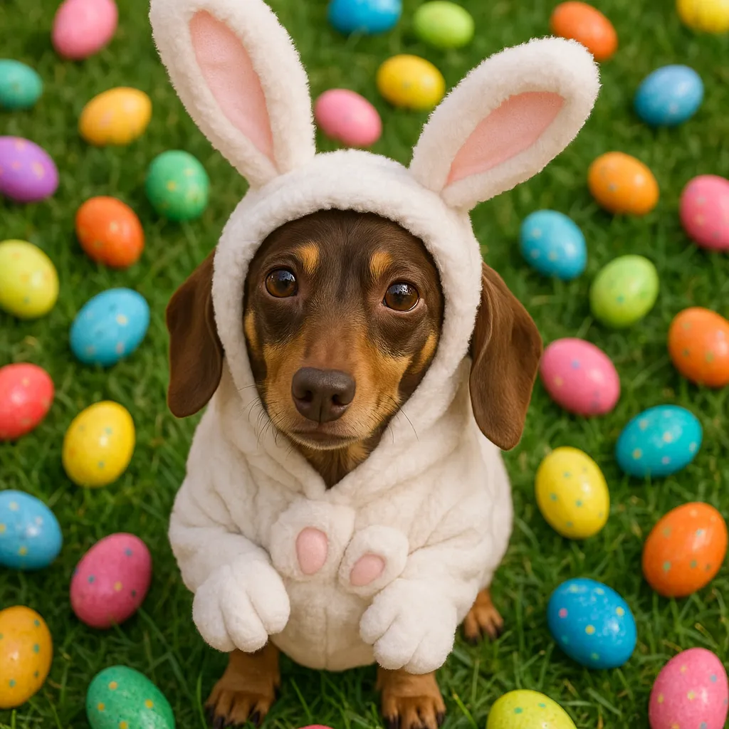 dress the dog in this photo as a bunny rabbit in a setting with Easter eggs all around.