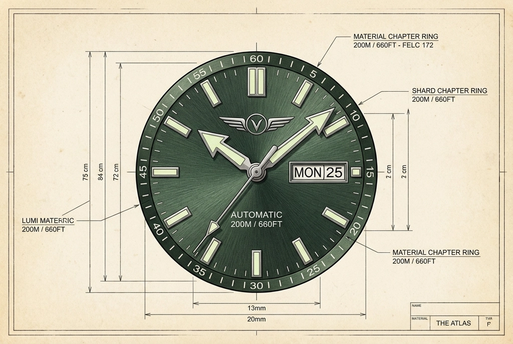 Después: Banner de una colección de tres modelos → dibujo técnico de la carátula verde de buceo con ventana de fecha