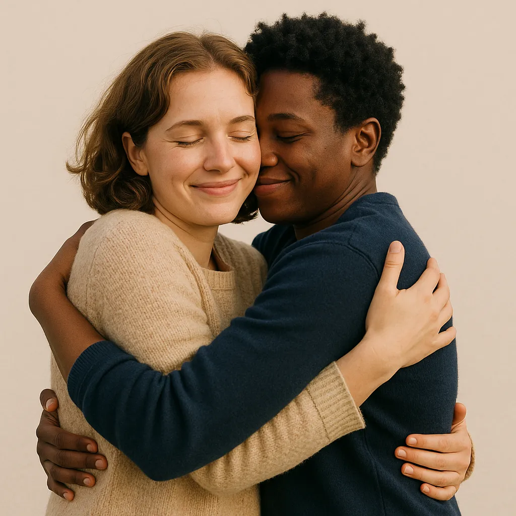 AI generated image: two people hugging. High-quality digital artwork created with AI image generation.