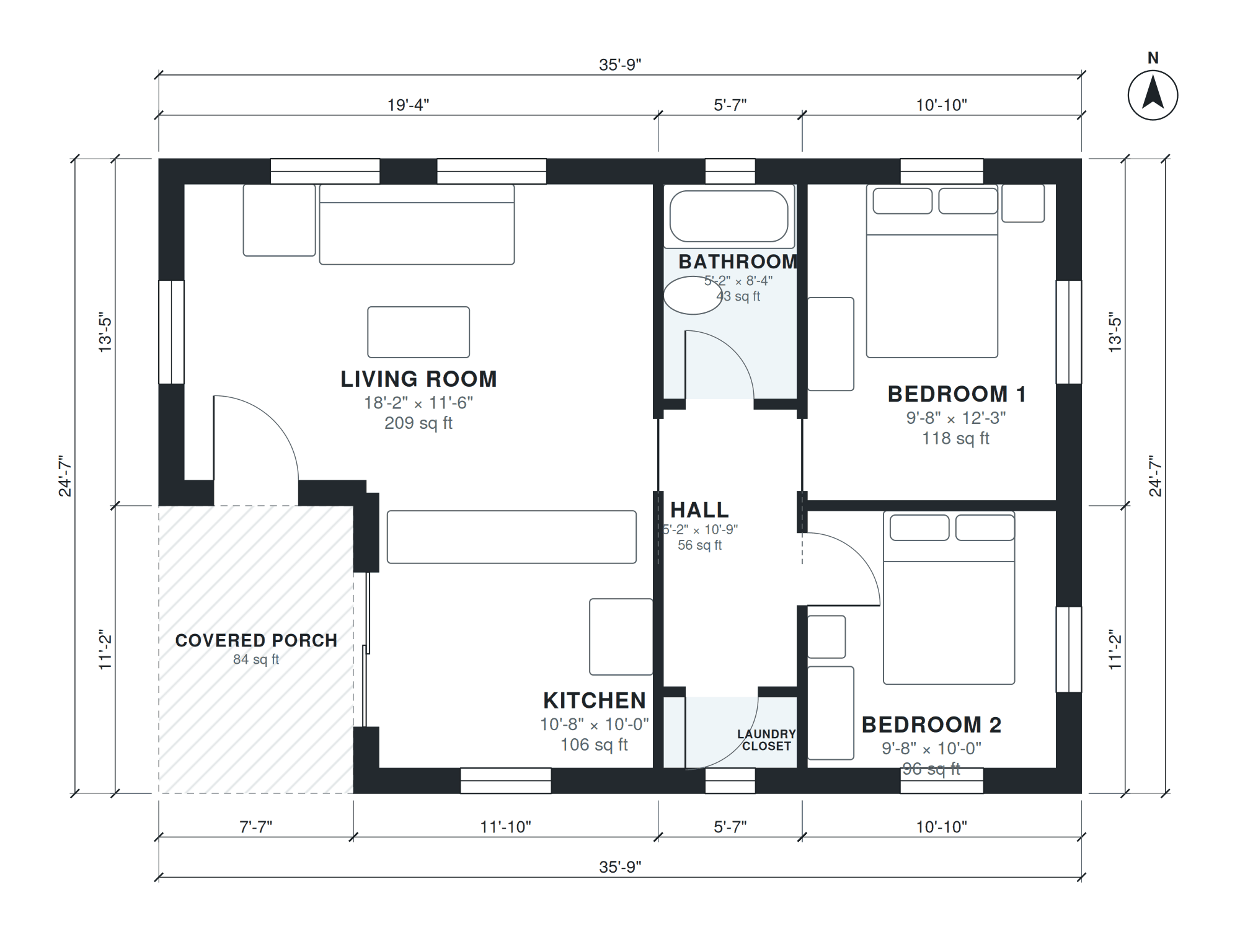 single-storey 2-bedroom floor plan, about 796 sq ft, generated by AI from the brief "Detached 2 bedroom ADU, 1 bath, open kitchen and living, laundry closet, covered porch, about 800 sq ft." with labeled rooms, room sizes, doors, windows and overall dimensions