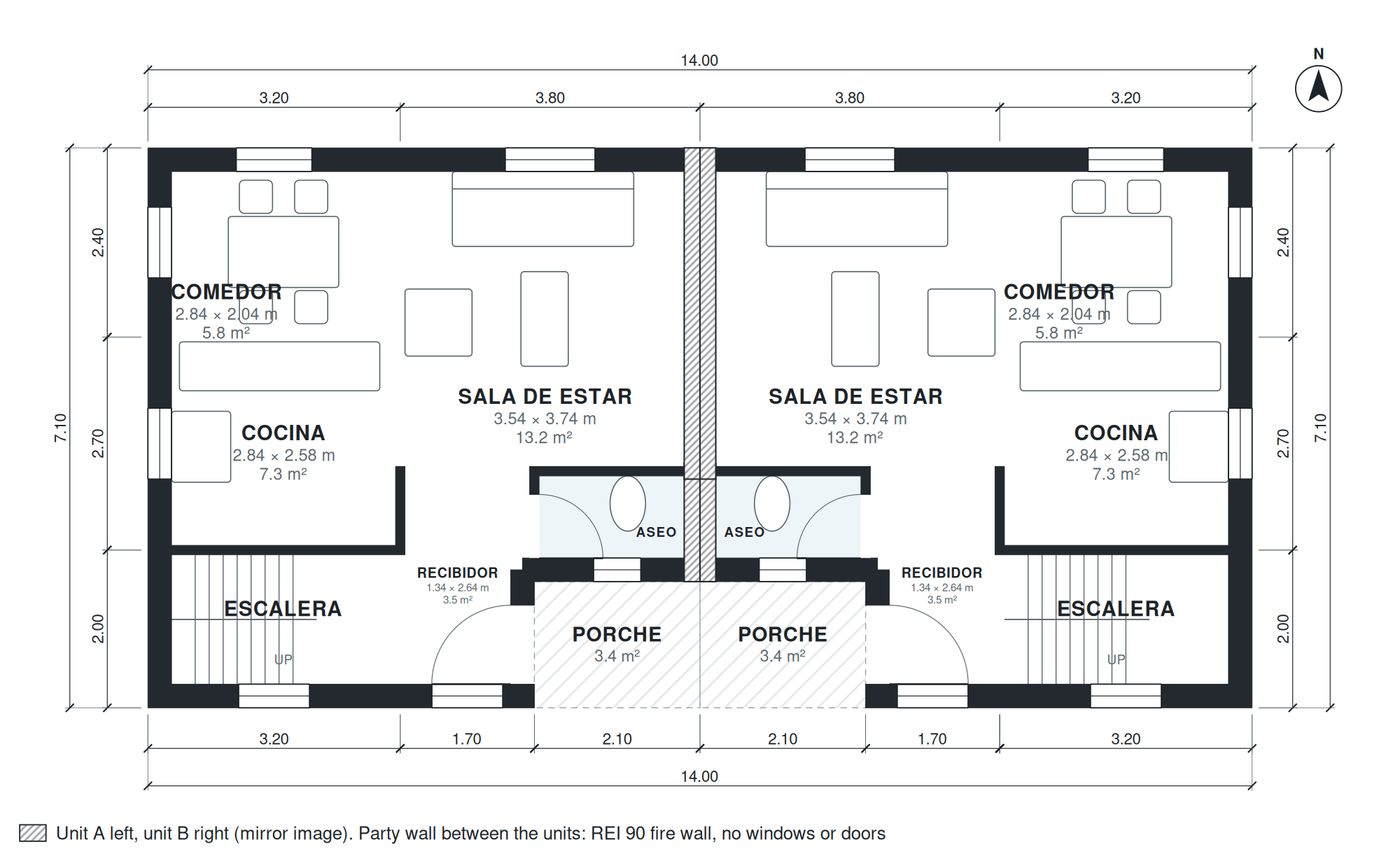 Plano de dúplex de 4 dormitorios 192 m2 de dos plantas (Planta 1)