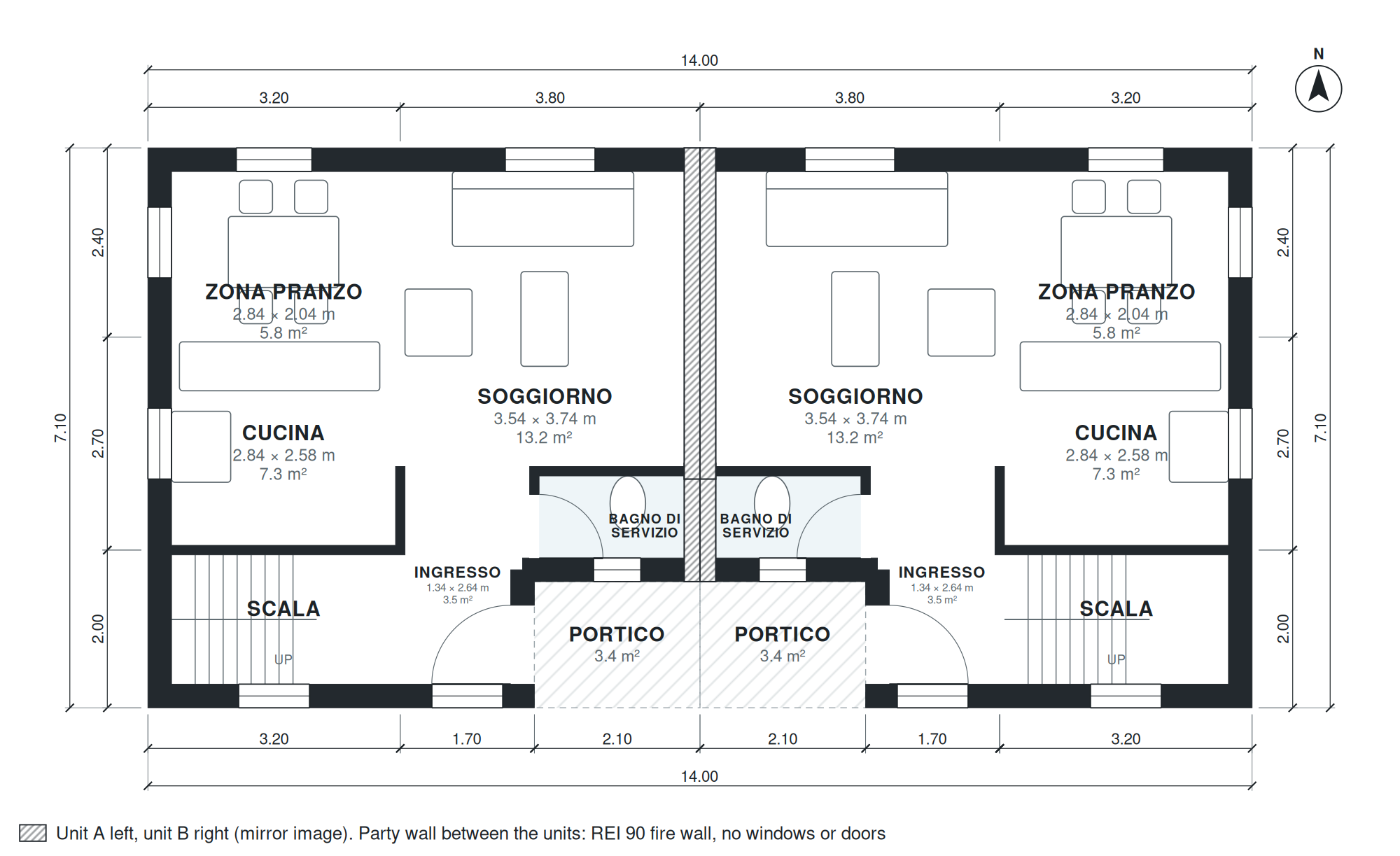 Pianta villetta bifamiliare 4 camere 192 mq su due piani (Piano 1)