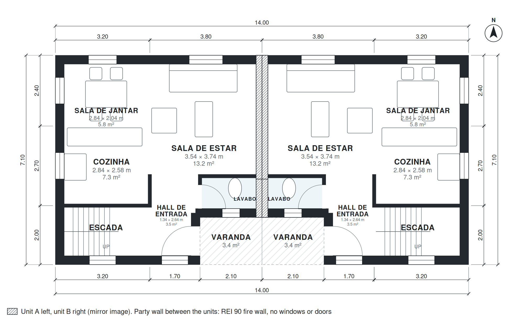 Planta de casa duplex geminada com 4 quartos 192 m2 de dois pavimentos (Pavimento 1)