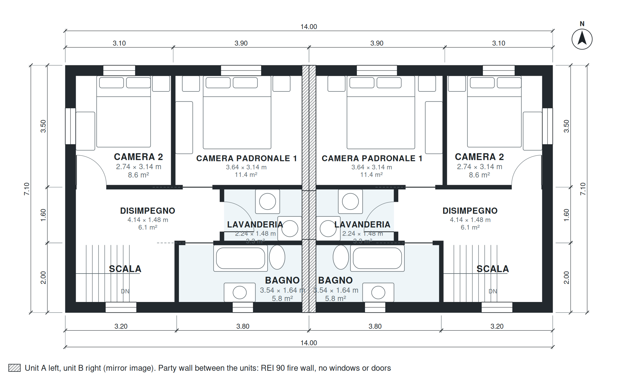 Pianta villetta bifamiliare 4 camere 192 mq su due piani (Piano 2)