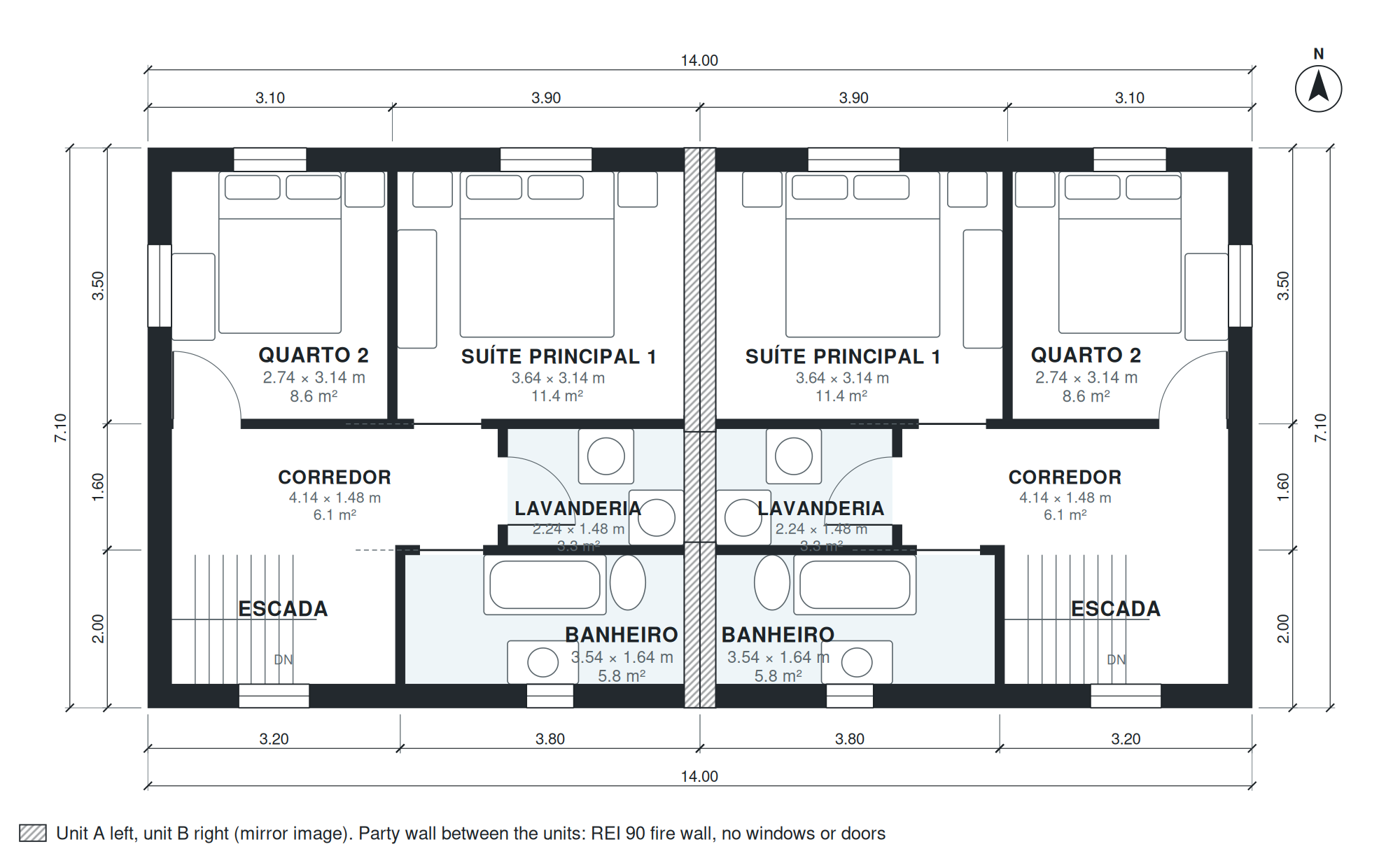 Planta de casa duplex geminada com 4 quartos 192 m2 de dois pavimentos (Pavimento 2)