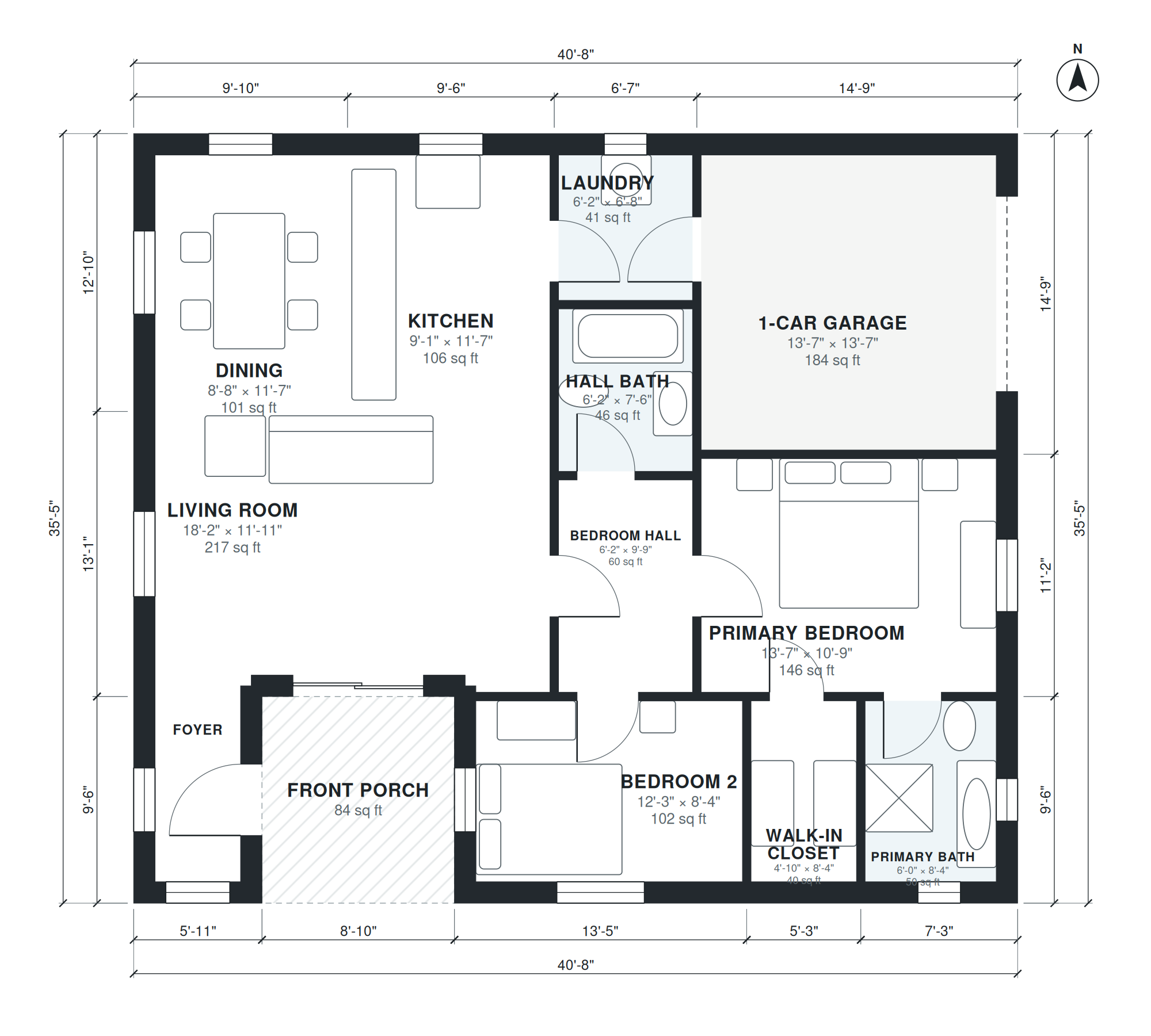 Plattegrond 2 slaapkamers ca. 106 m², door AI getekend uit een korte beschrijving, met ruimtenamen, ruimtematen, deuren, ramen en totaalmaten