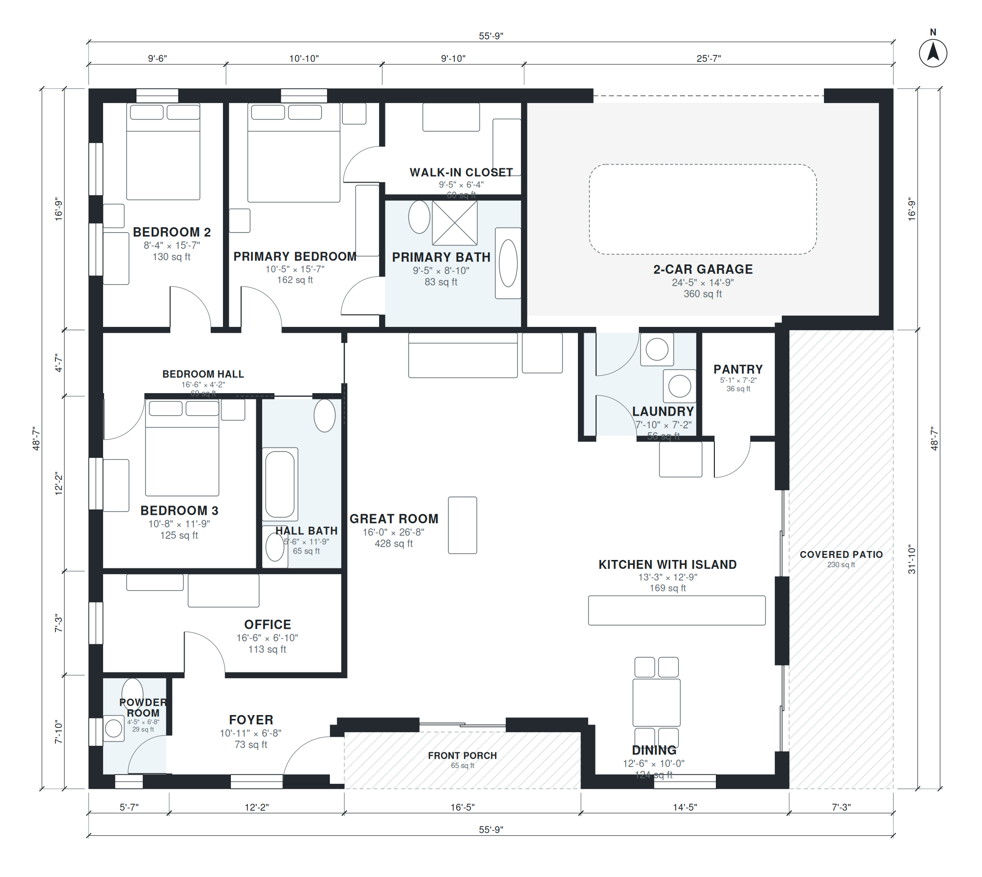 single-storey 3-bedroom floor plan, about 1,986 sq ft, generated by AI from the brief "2,000 sq ft single-story house, 3 bedrooms, 2.5 baths, office, open kitchen with island, great room, laundry, 2-car garage, covered patio." with labeled rooms, room sizes, doors, windows and overall dimensions
