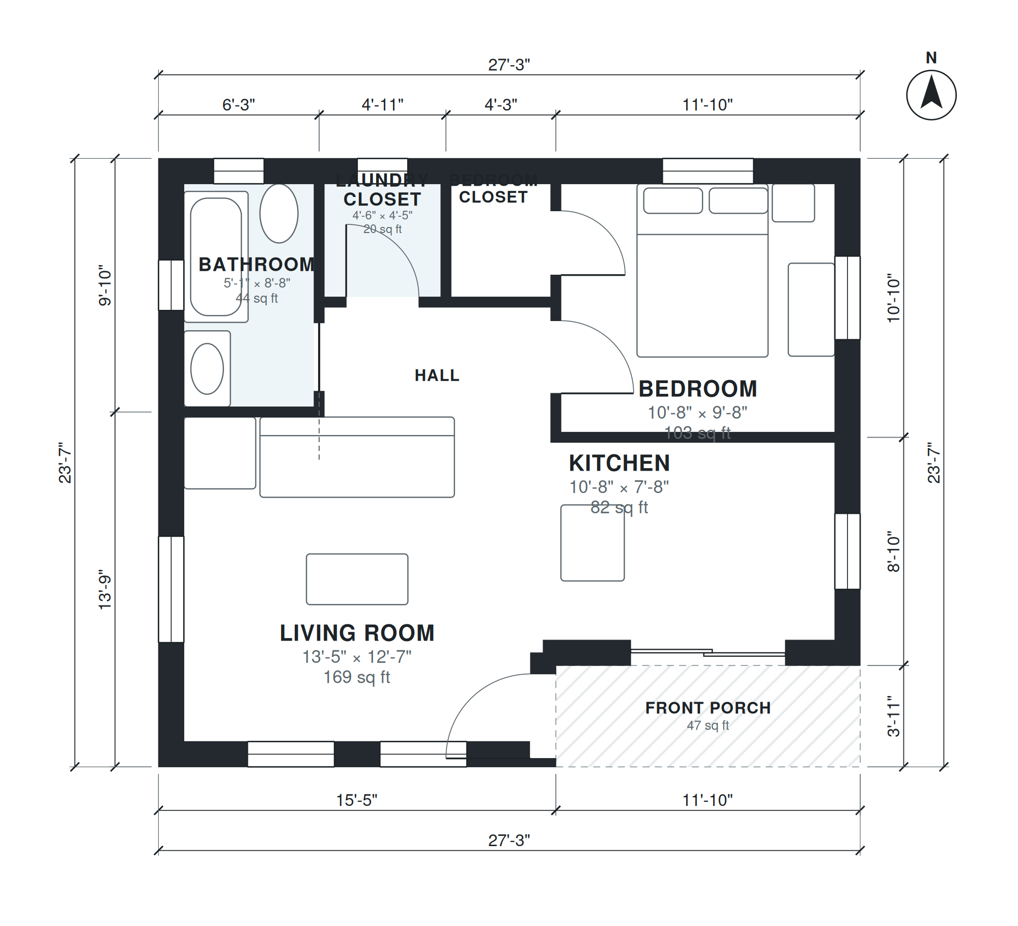 Planta baixa 1 quartos cerca de 55 m², desenhada por IA a partir de uma descrição curta, com nomes e medidas dos ambientes, portas, janelas e cotas gerais