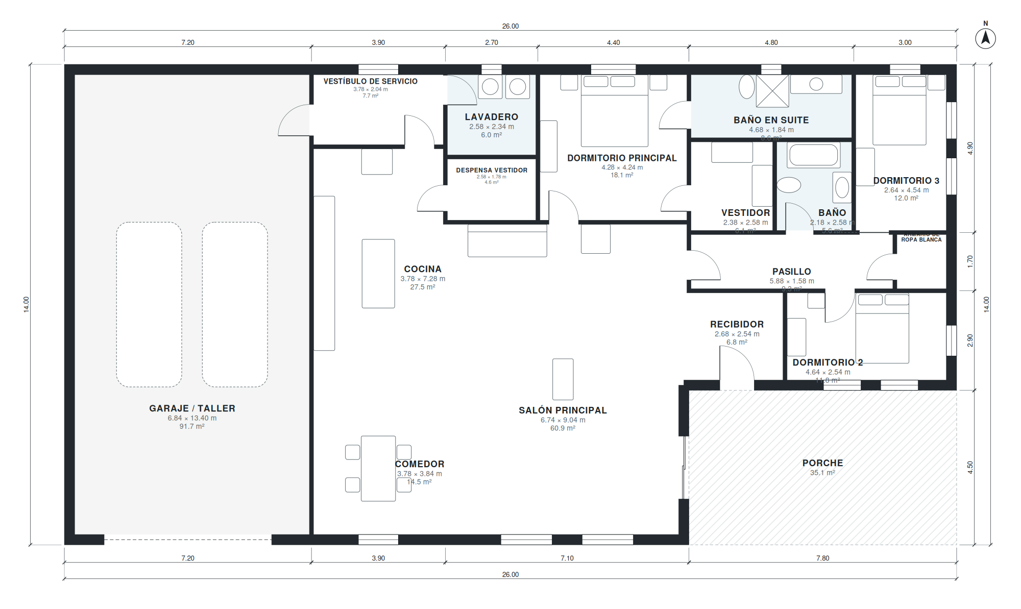 Plano de barndominium de 3 dormitorios 228 m2 de una planta con garaje
