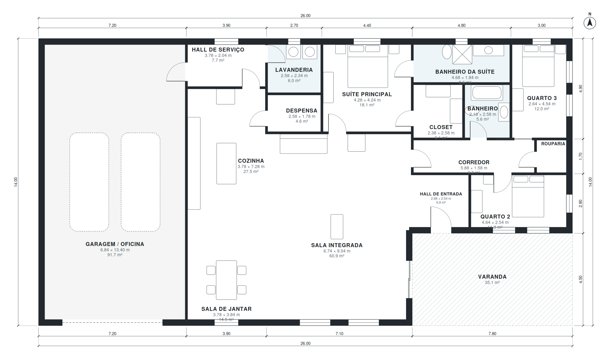 Planta de barndominium com 3 quartos 228 m2 térrea com garagem