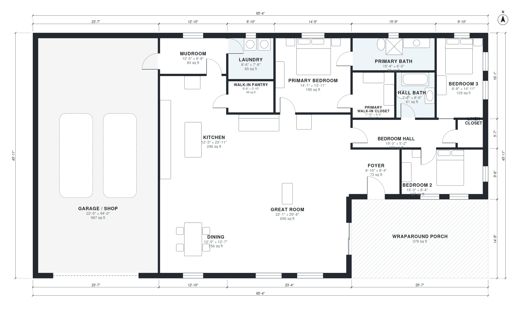 Grundriss 3 Schlafzimmer ca. 228 m², von KI aus einer Kurzbeschreibung gezeichnet, mit Raumnamen, Raumgrößen, Türen, Fenstern und Gesamtmaßen