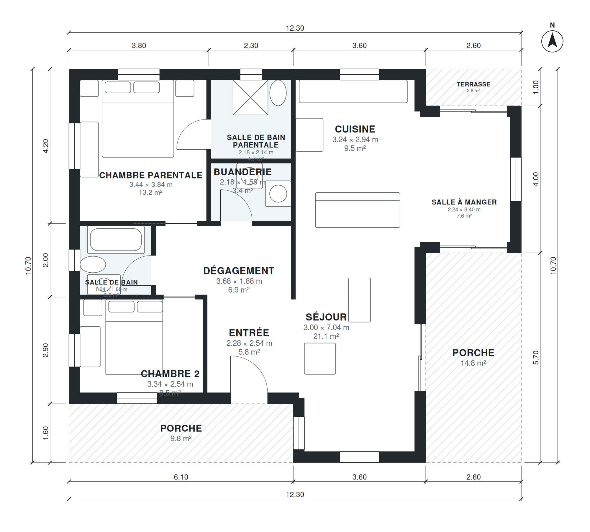 Plan petite maison de campagne 2 chambres 104 m2 plain-pied