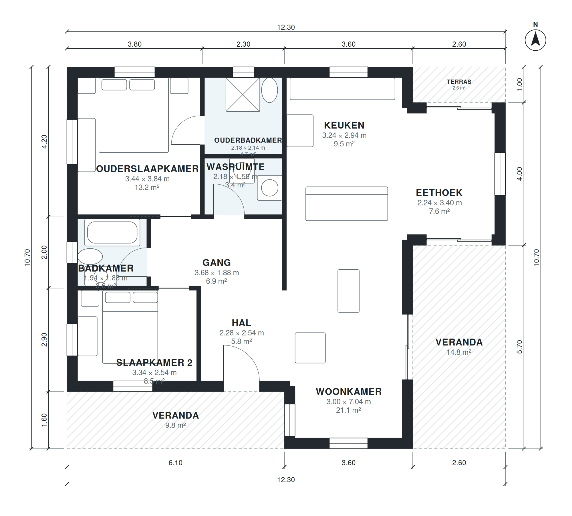 Plattegrond klein landhuis 2 slaapkamers 104 m2 gelijkvloers