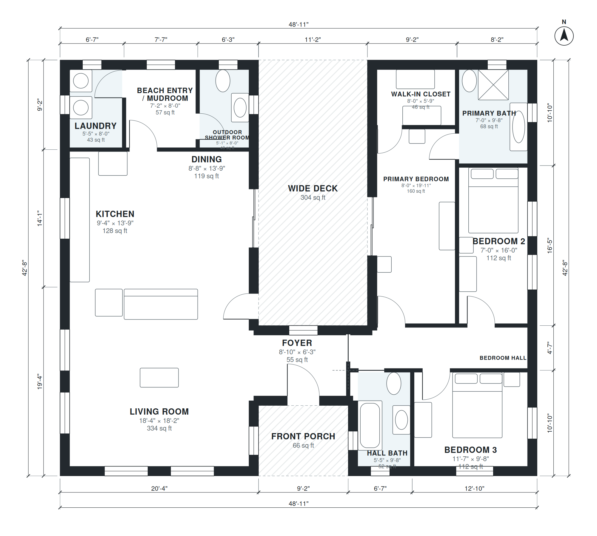 Plattegrond 3 slaapkamers ca. 159 m², door AI getekend uit een korte beschrijving, met ruimtenamen, ruimtematen, deuren, ramen en totaalmaten