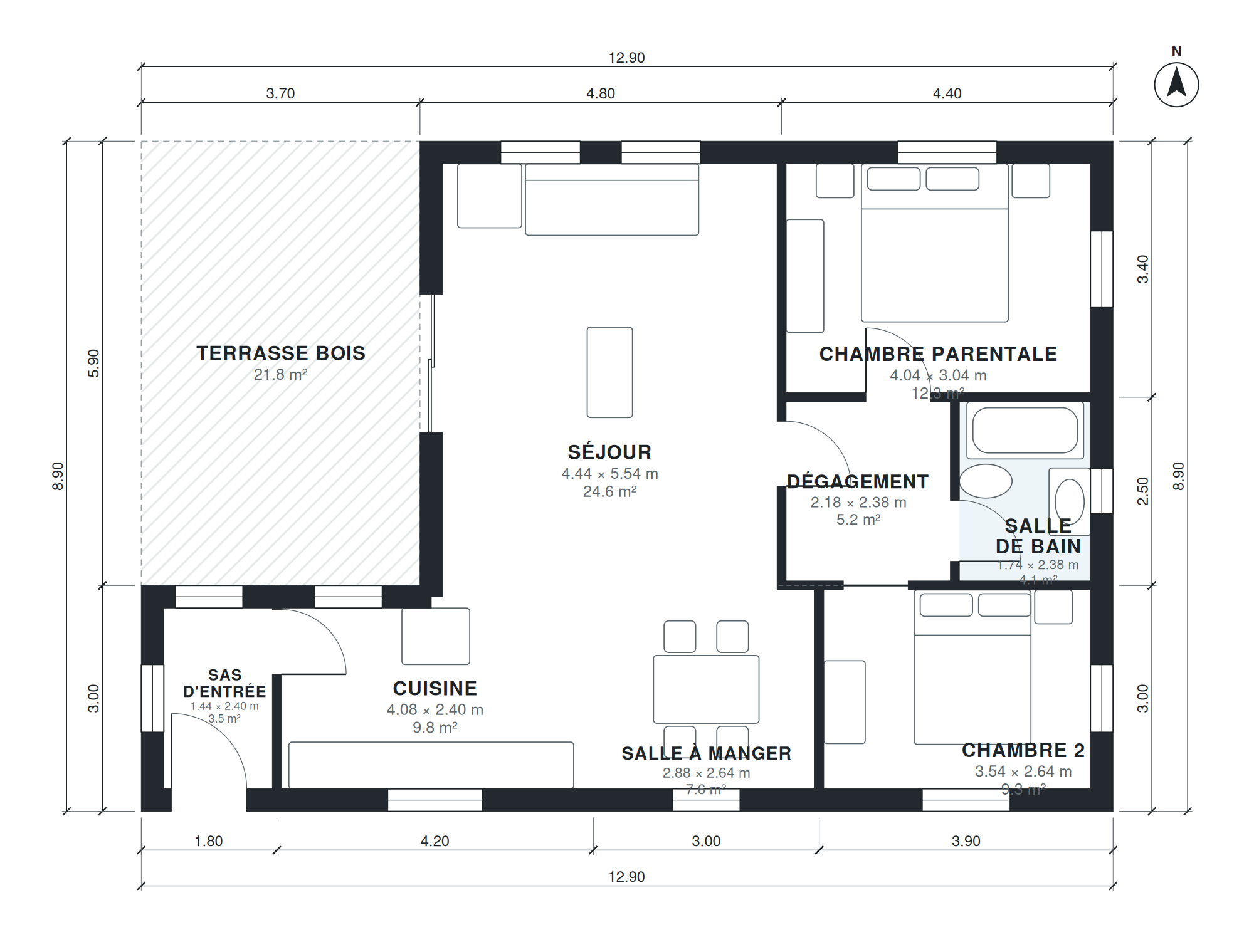 Plan chalet 2 chambres 93 m2 plain-pied