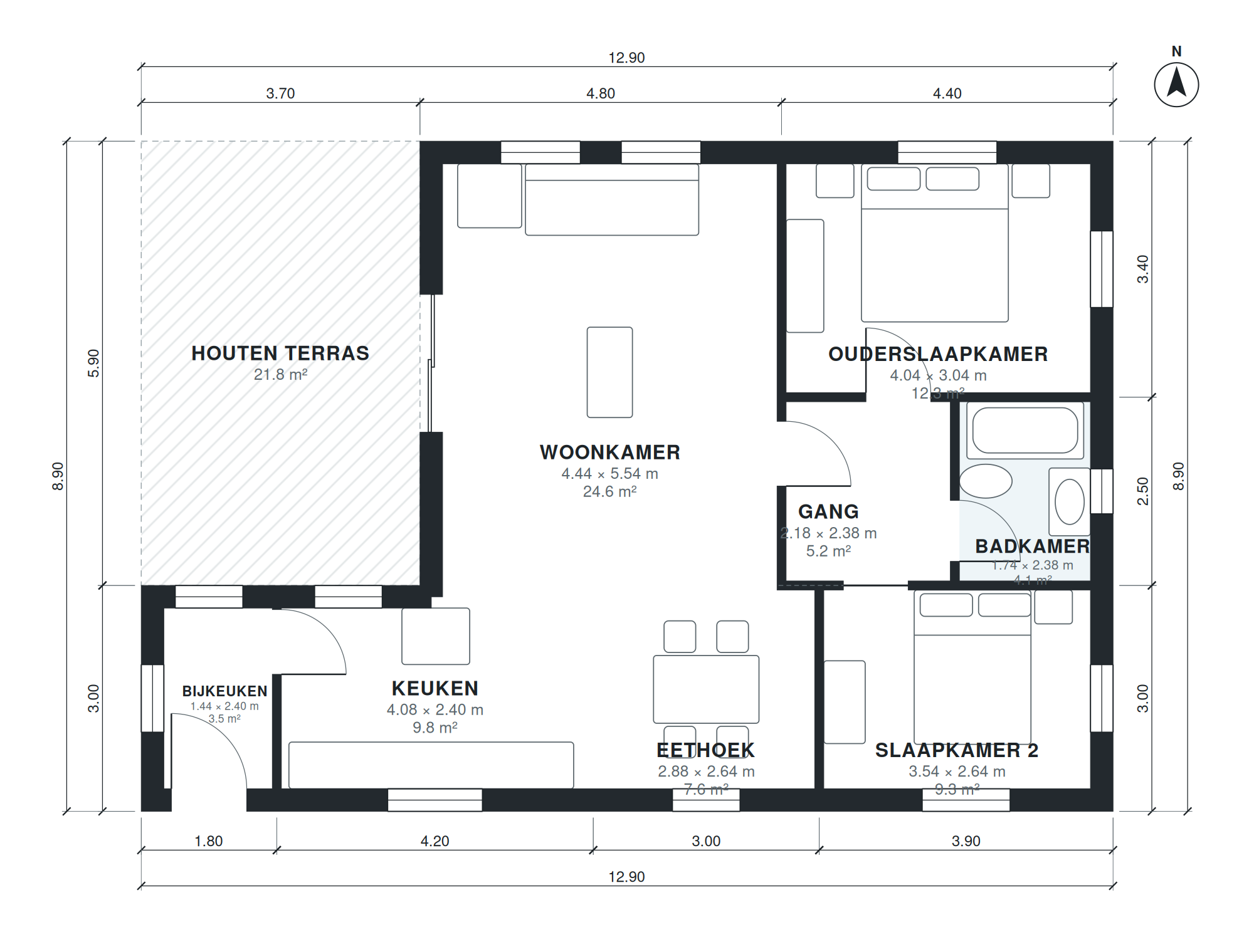 Plattegrond vakantiehuis 2 slaapkamers 93 m2 gelijkvloers
