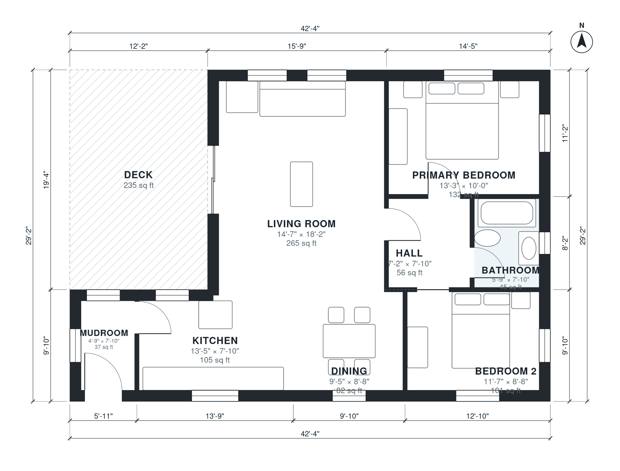 Grundriss 2 Schlafzimmer ca. 93 m², von KI aus einer Kurzbeschreibung gezeichnet, mit Raumnamen, Raumgrößen, Türen, Fenstern und Gesamtmaßen