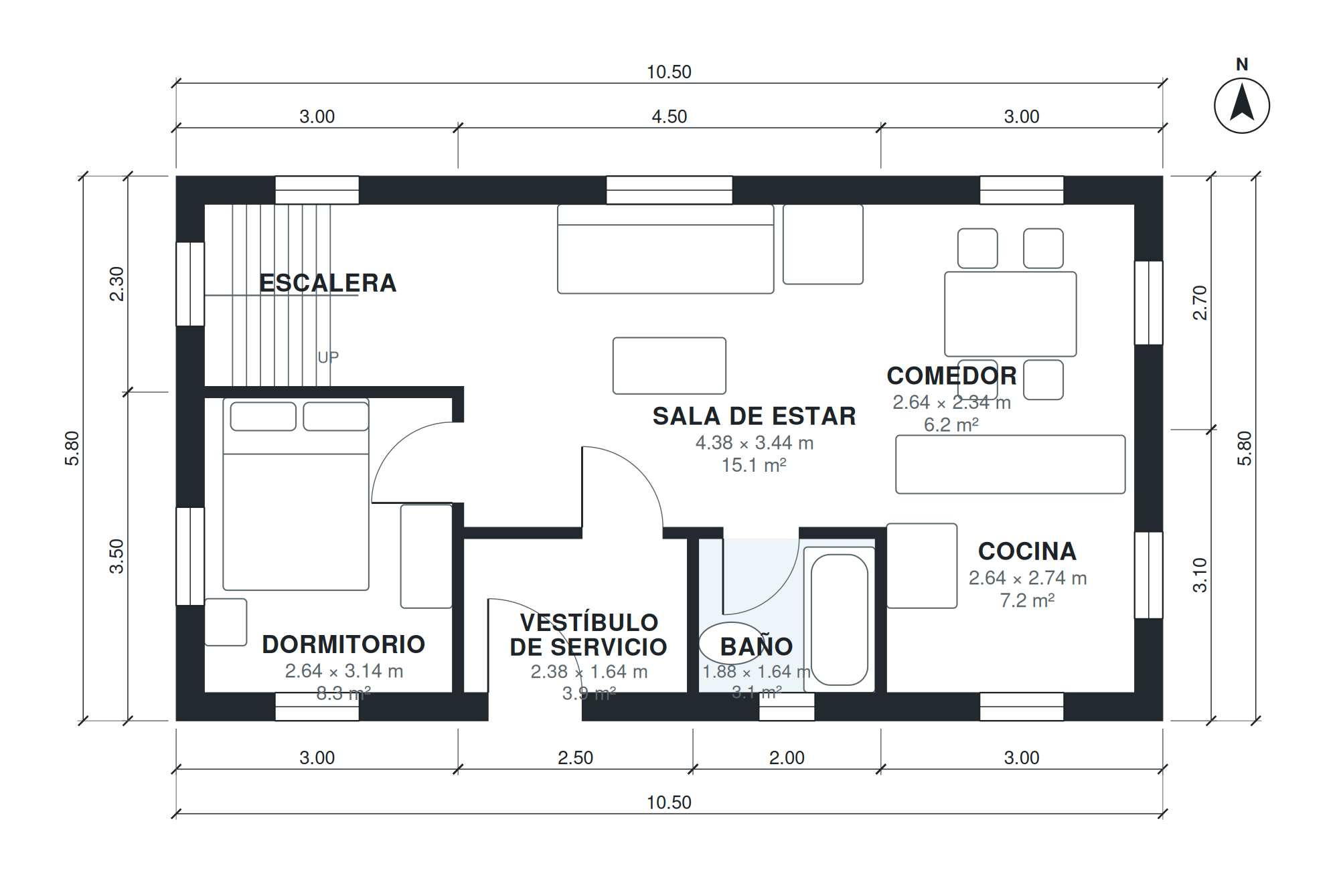 Plano de cabaña de 3 dormitorios 122 m2 de dos plantas (Planta 1)