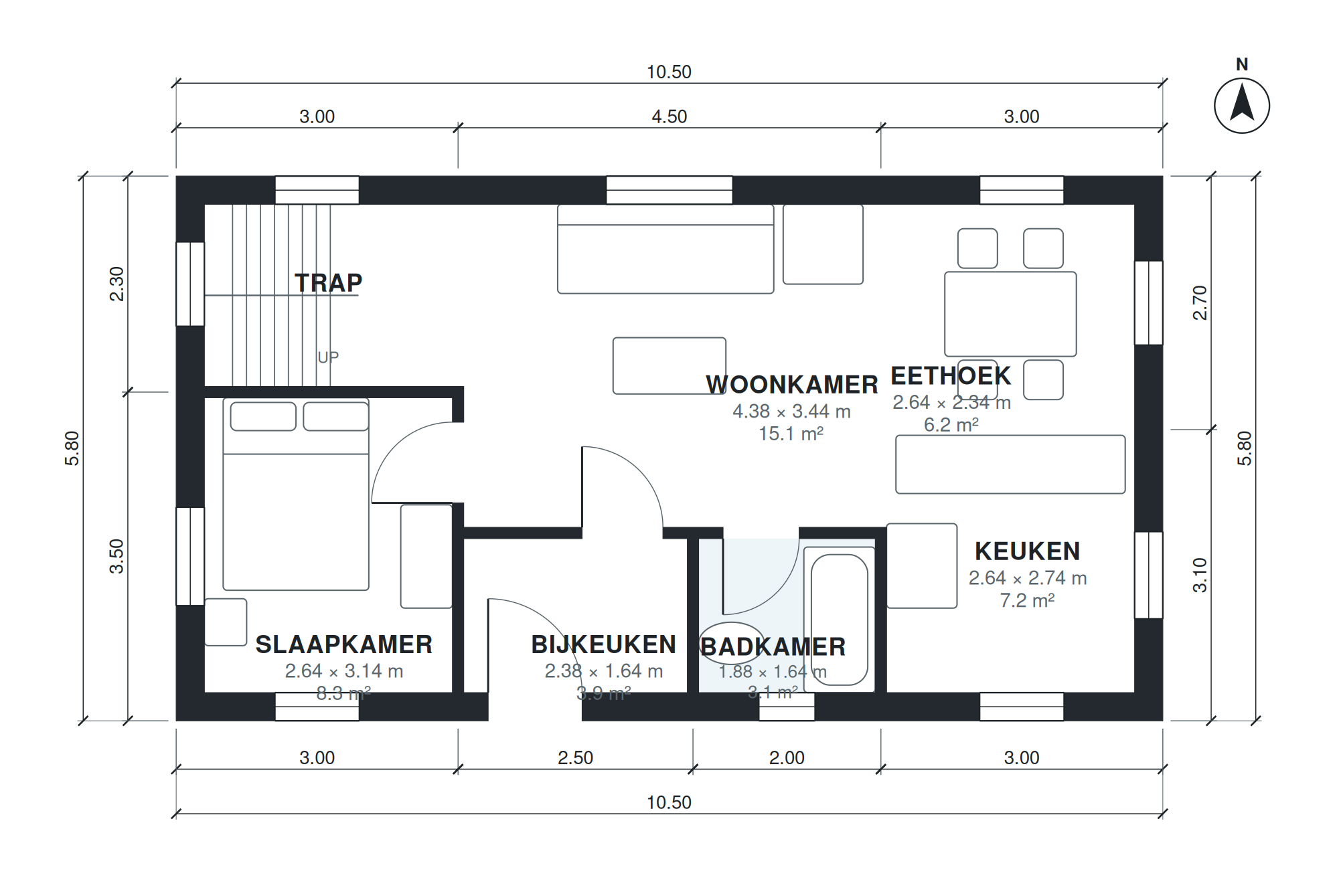 Plattegrond vakantiehuis 3 slaapkamers 122 m2 met verdieping (Bouwlaag 1)