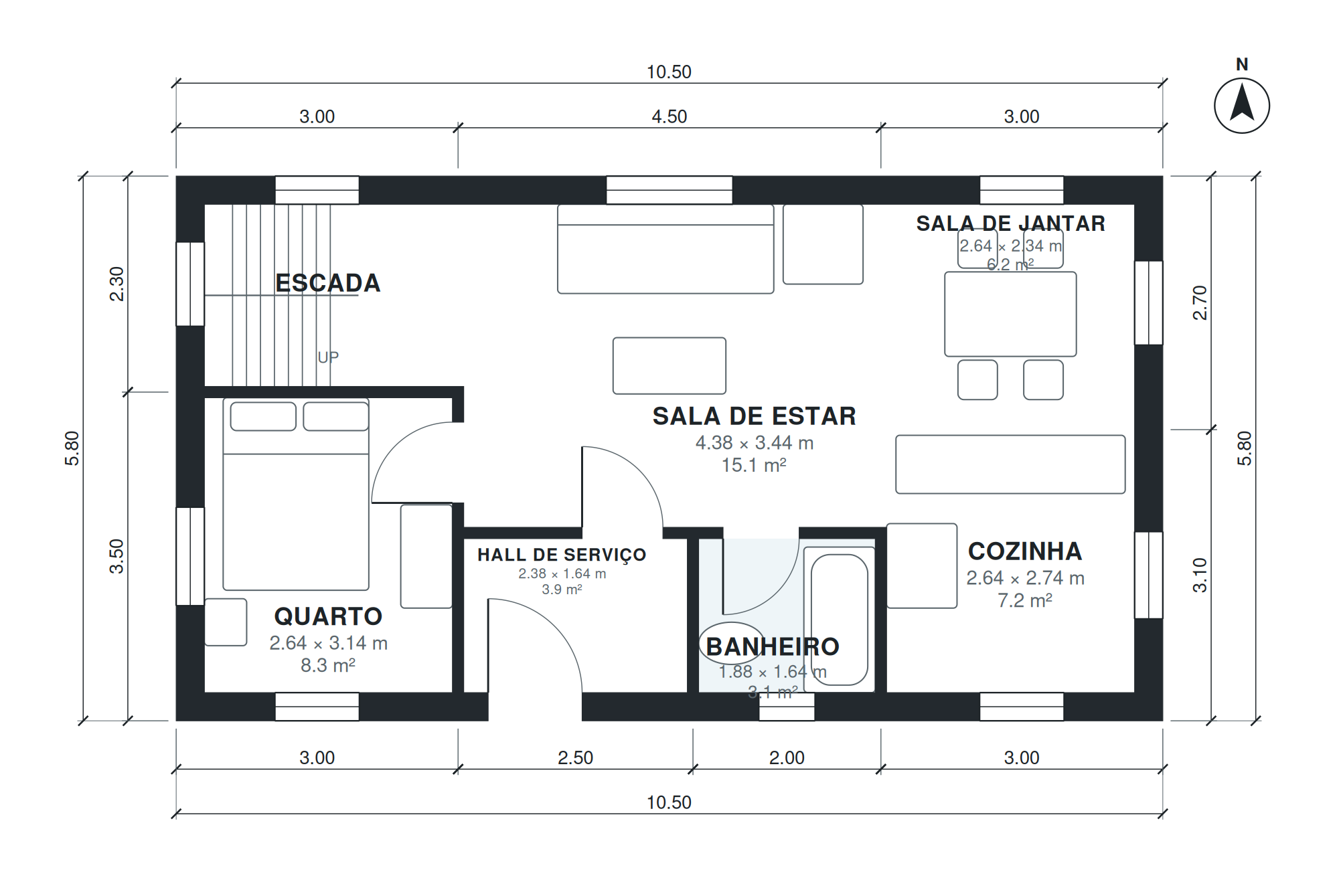 Planta de chalé com 3 quartos 122 m2 de dois pavimentos (Pavimento 1)