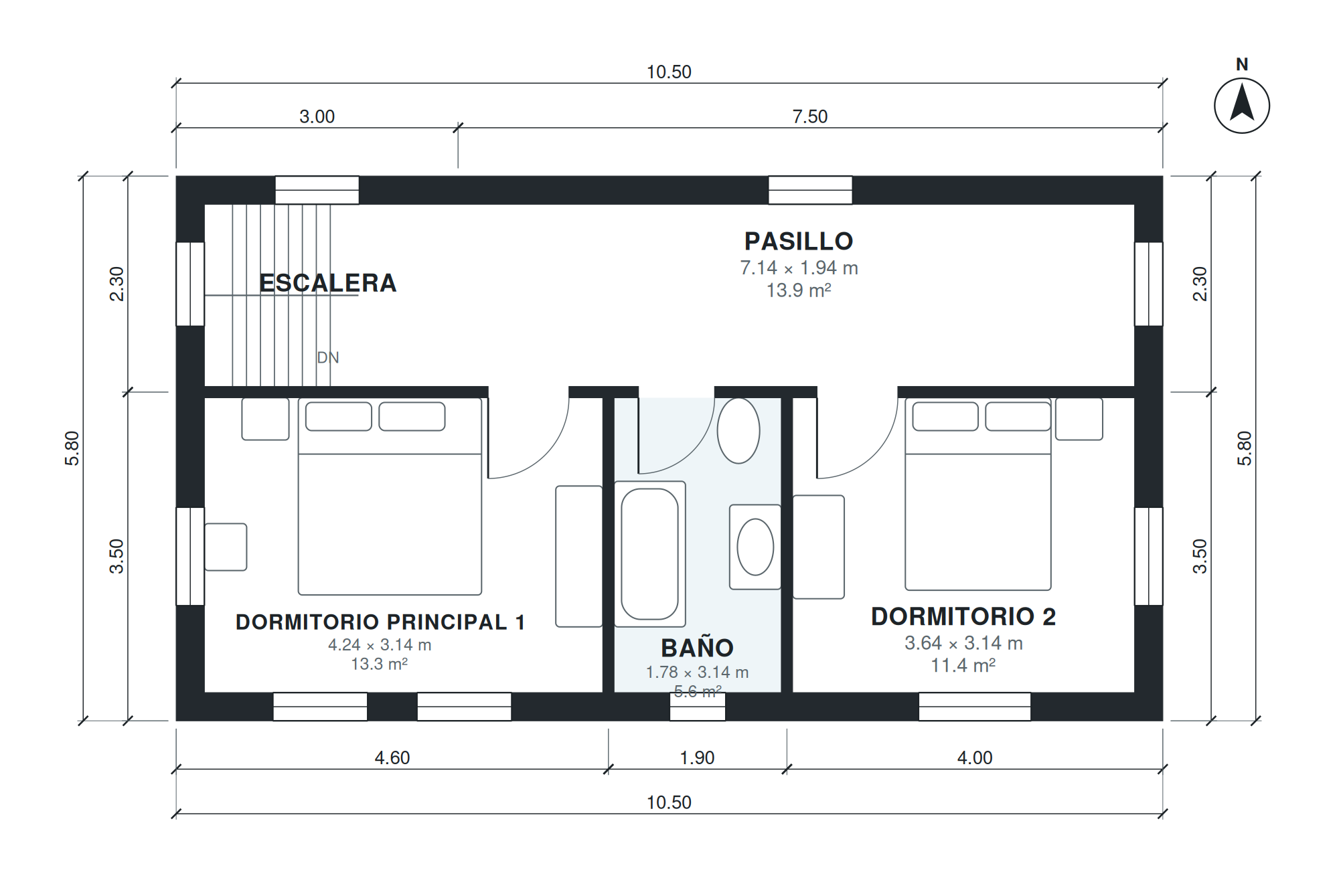 Plano de cabaña de 3 dormitorios 122 m2 de dos plantas (Planta 2)