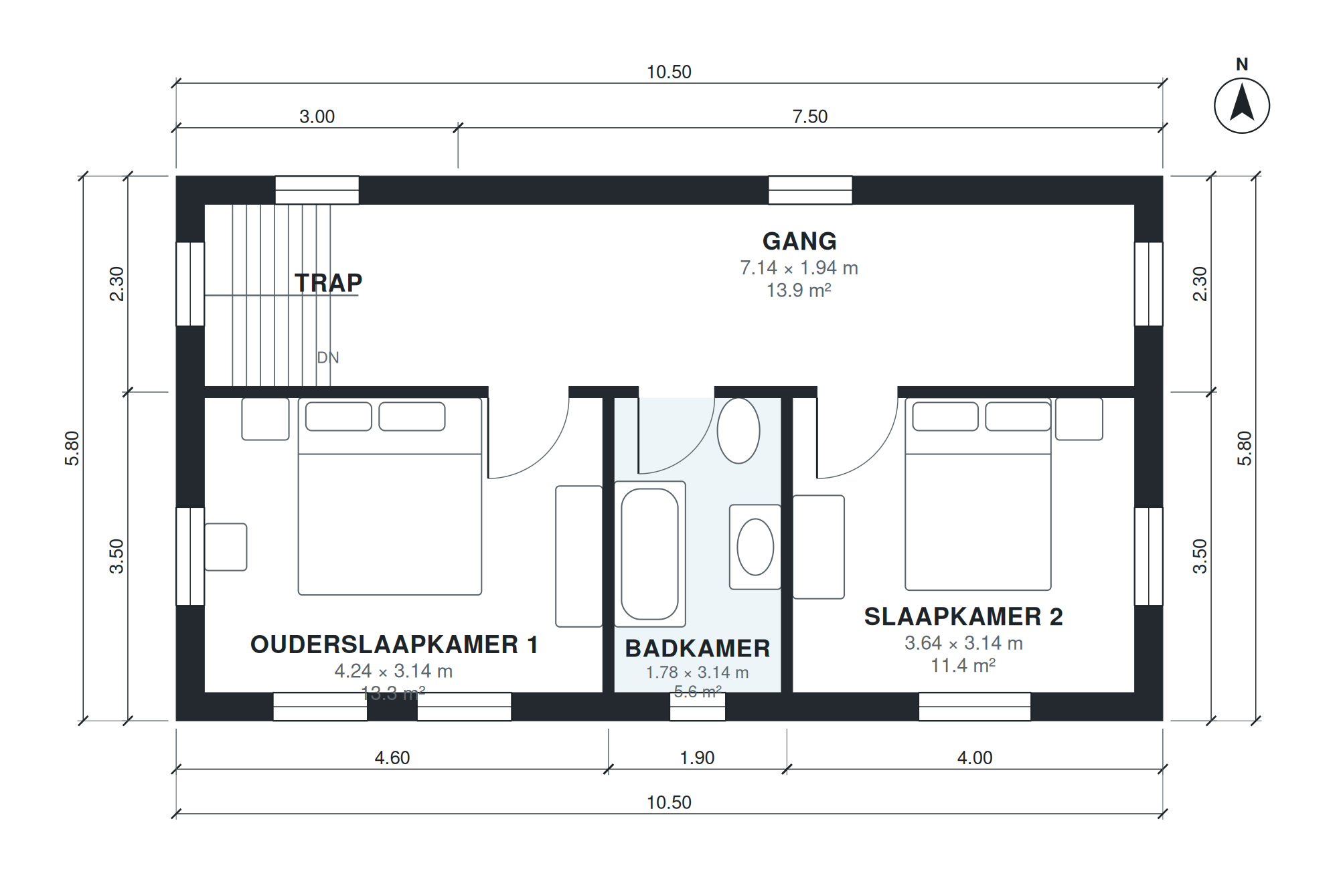 Plattegrond vakantiehuis 3 slaapkamers 122 m2 met verdieping (Bouwlaag 2)