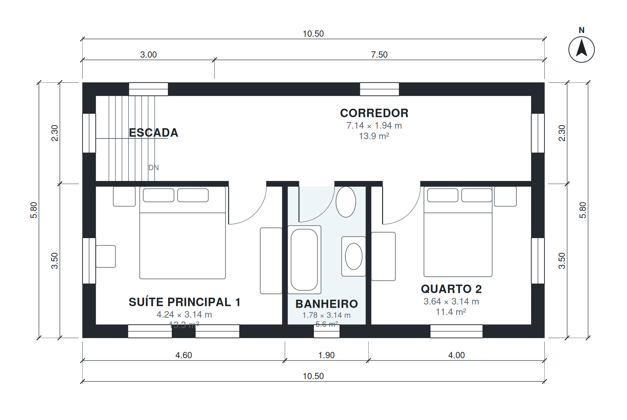 Planta de chalé com 3 quartos 122 m2 de dois pavimentos (Pavimento 2)