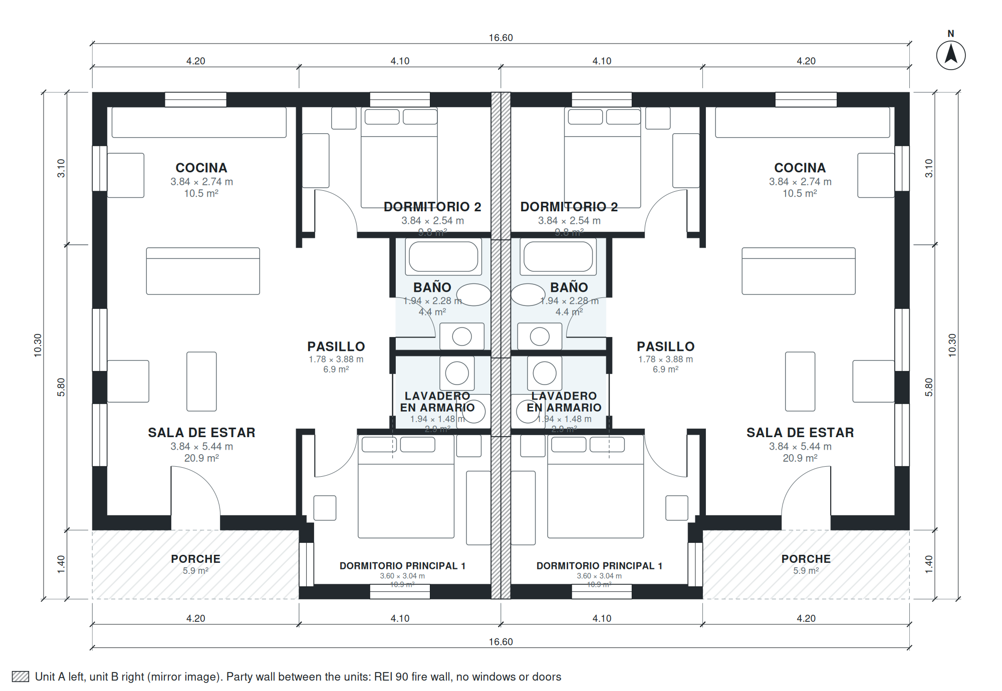 Plano de dúplex de 4 dormitorios 159 m2 de una planta