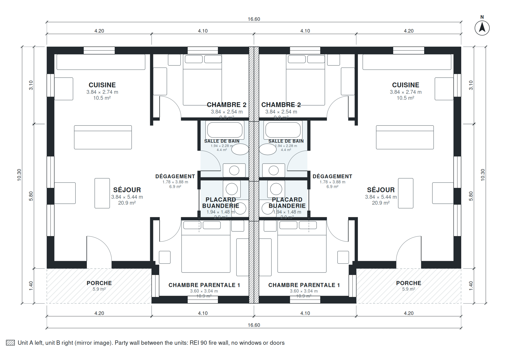 Plan maison bifamiliale 4 chambres 159 m2 plain-pied