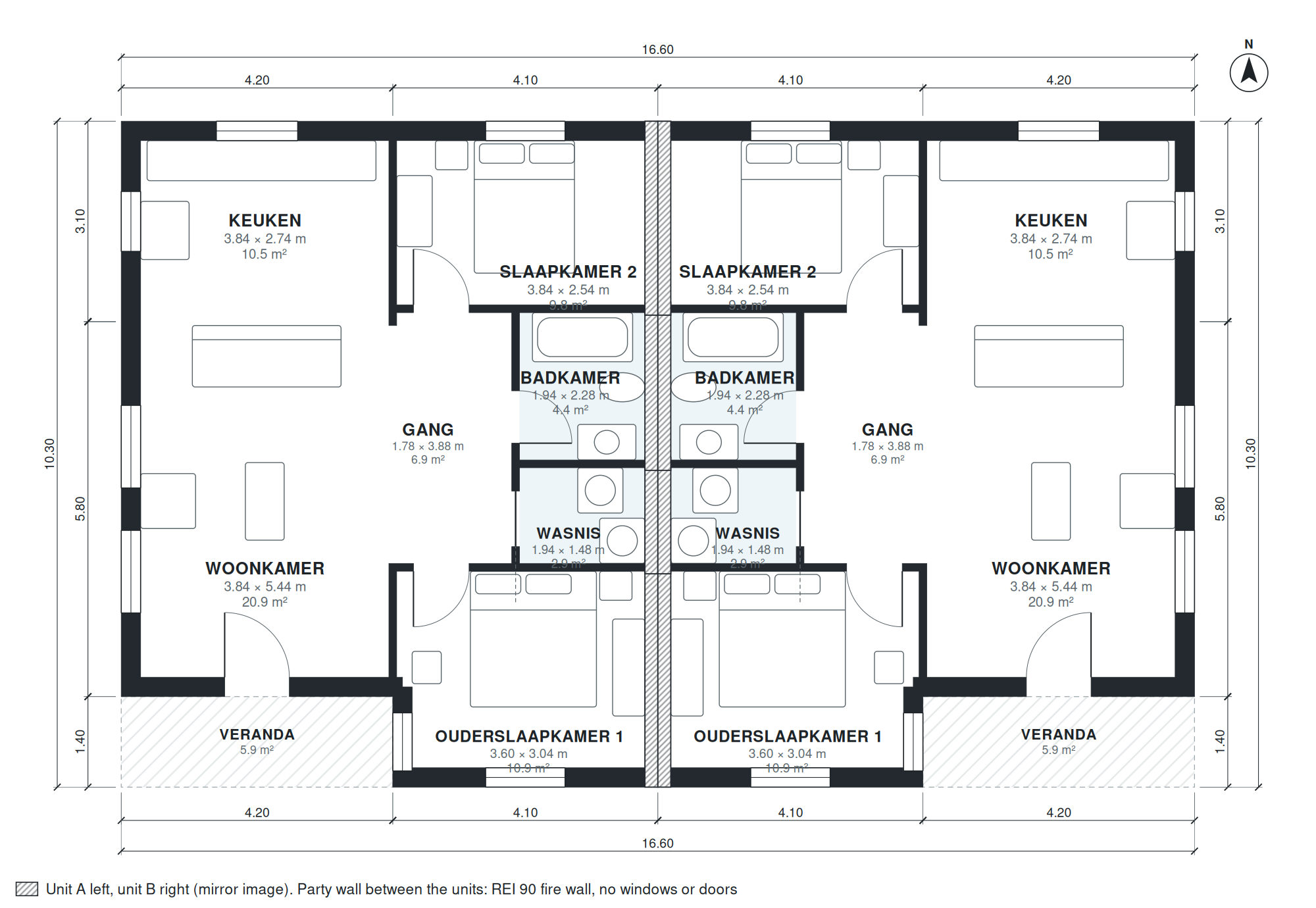 Plattegrond dubbel woonhuis 4 slaapkamers 159 m2 gelijkvloers