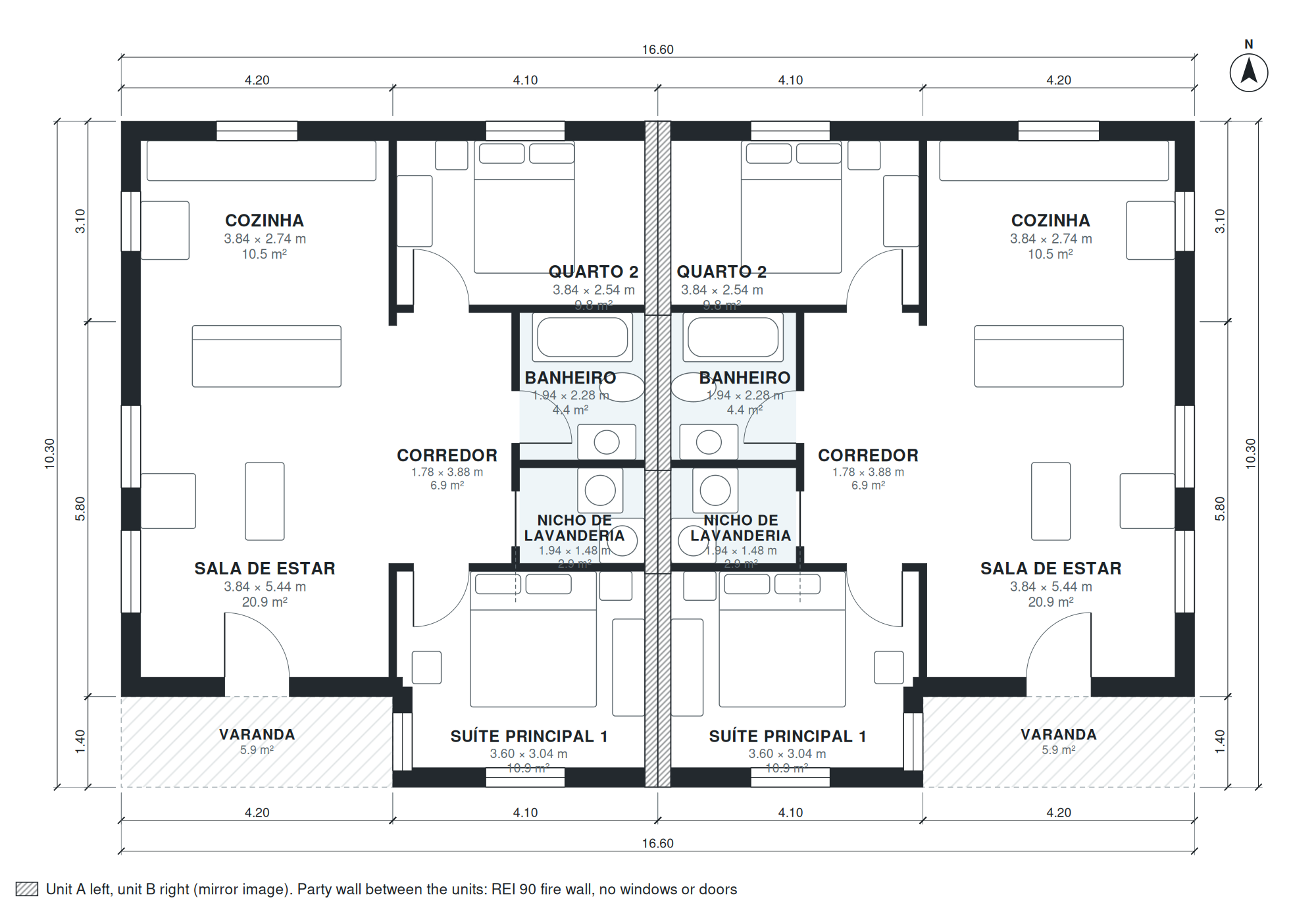 Planta de casa duplex geminada com 4 quartos 159 m2 térrea