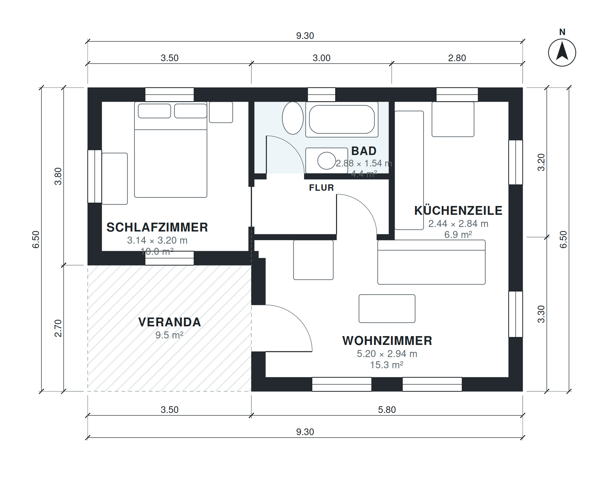 Grundriss Gästehaus 2 Zimmer, 51 m² (9,3 × 6,5 m)