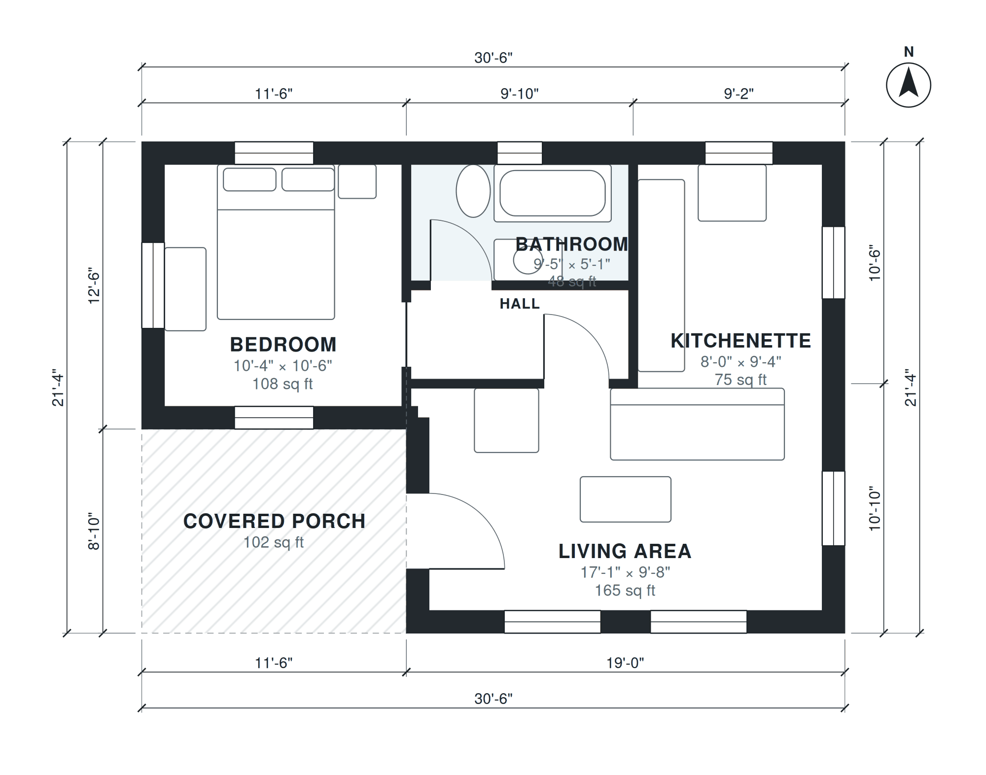 Grundriss 1 Schlafzimmer ca. 51 m², von KI aus einer Kurzbeschreibung gezeichnet, mit Raumnamen, Raumgrößen, Türen, Fenstern und Gesamtmaßen