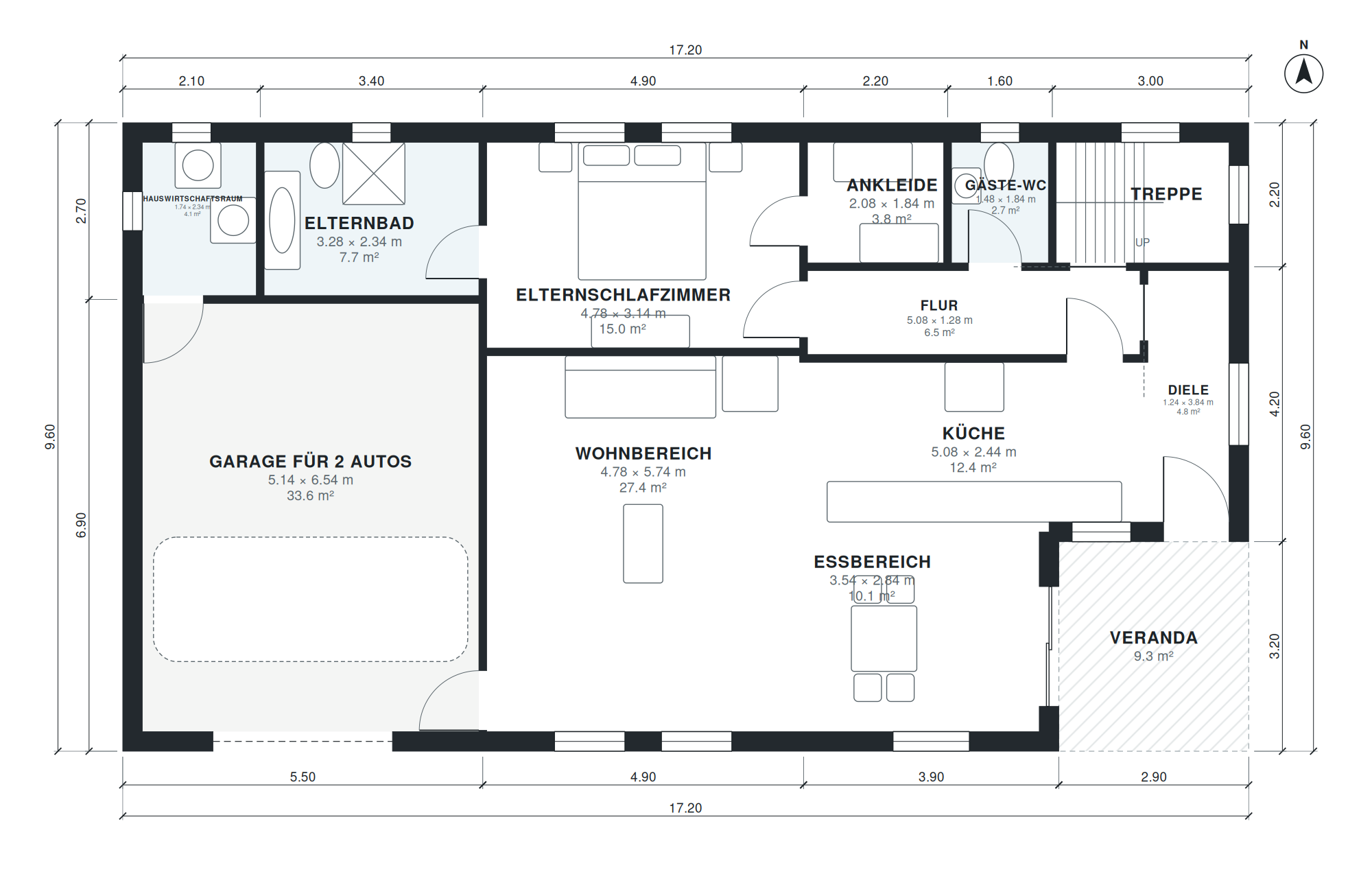 Grundriss Einfamilienhaus 5 Zimmer, 187 m², zweigeschossig mit Garage, mit Galerie (Geschoss 1)