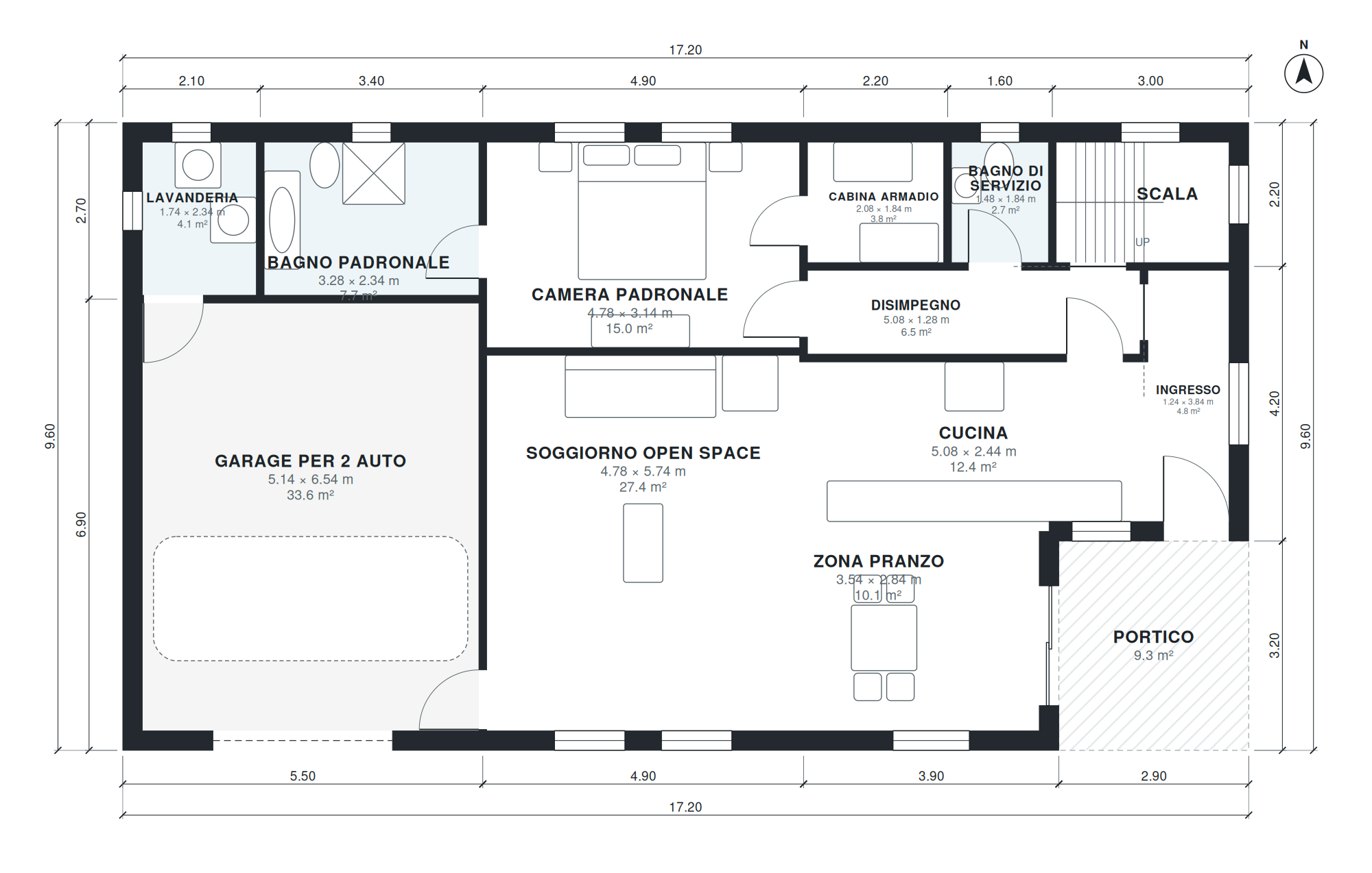 Pianta casa 3 camere 187 mq su due piani con garage con soppalco (Piano 1)