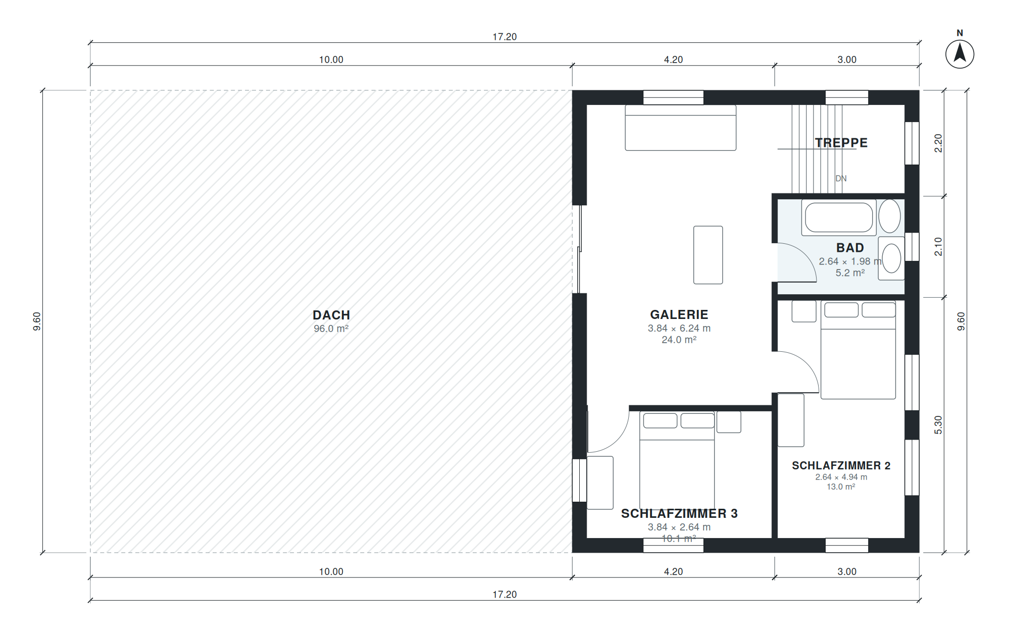 Grundriss Einfamilienhaus 5 Zimmer, 187 m², zweigeschossig mit Garage, mit Galerie (Geschoss 2)